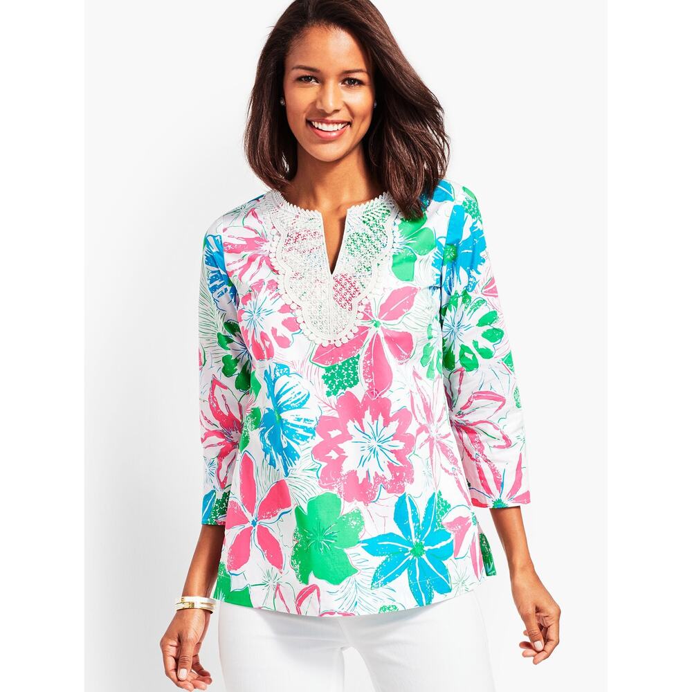 Talbots Womens Large White Floral Lace Bib Anguilla Flora 3/4 Sleeve Tunic Top